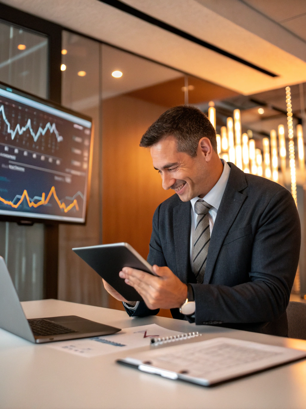 Professional financial advisor reviewing data on a modern digital dashboard