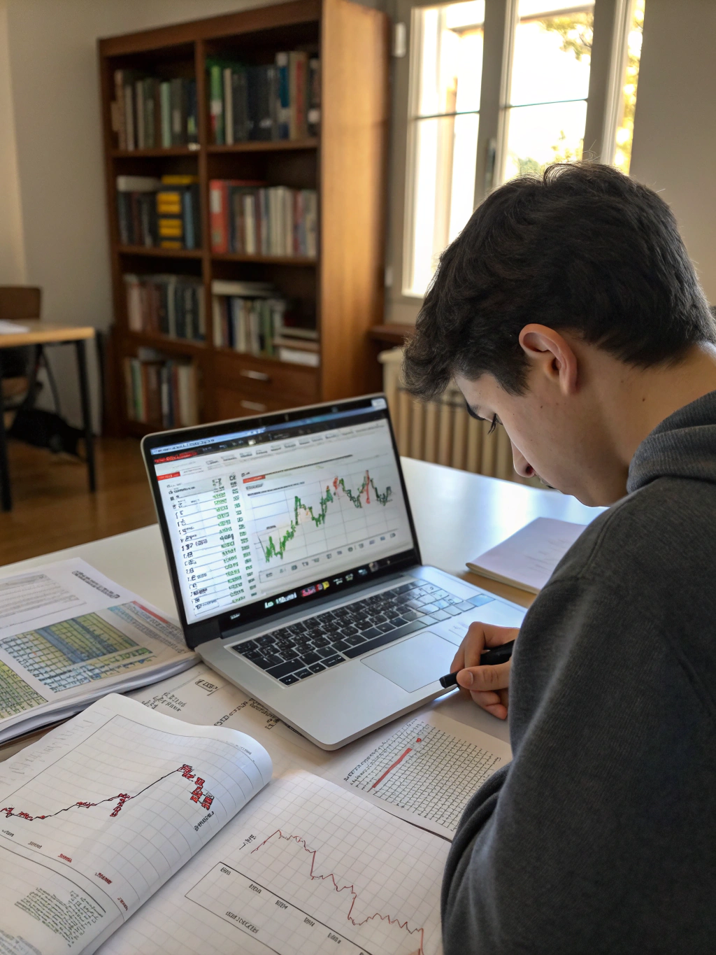 Portrait of a finance student reading educational content